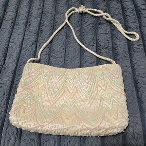 White Beaded Chevron Pattern Evening Purse With Satin Lining & Braided Strap
